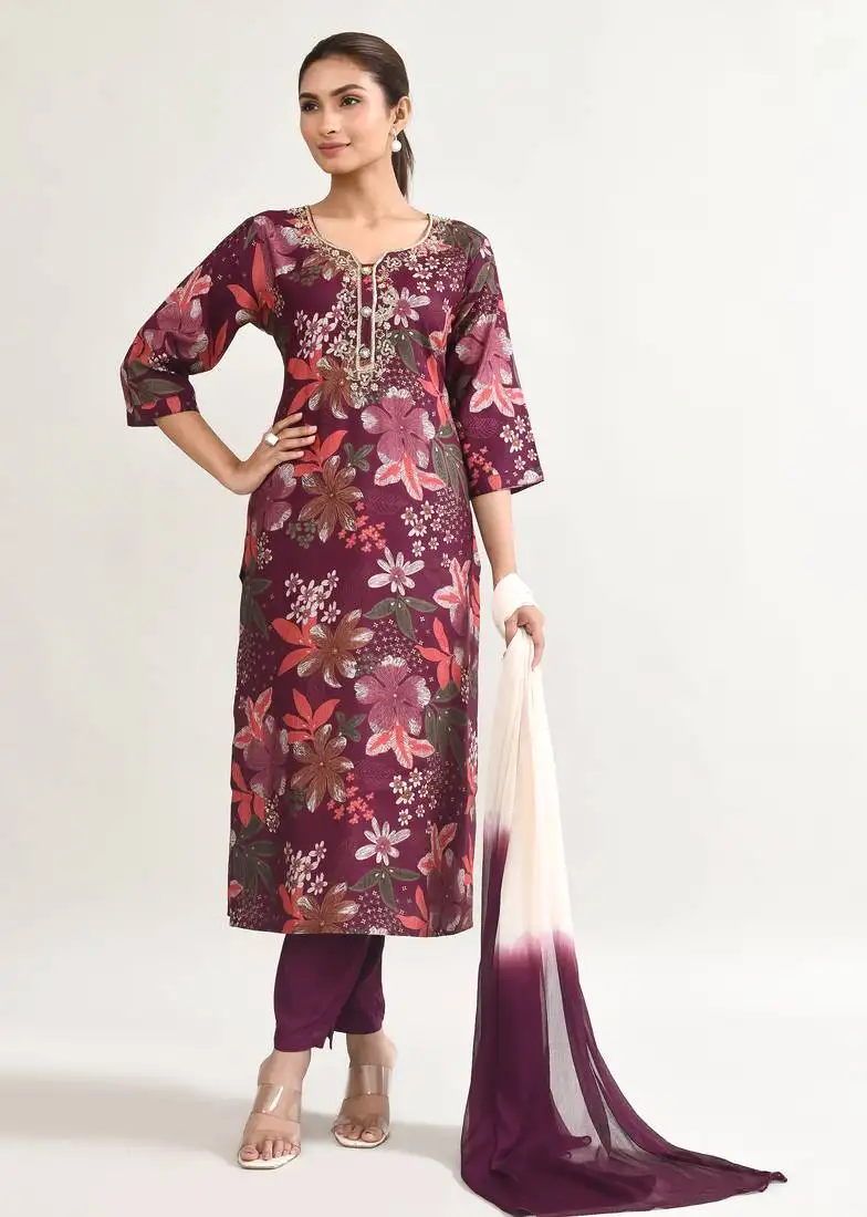 Women rani pink muslin kurta, shiffon dupatta muslin full set