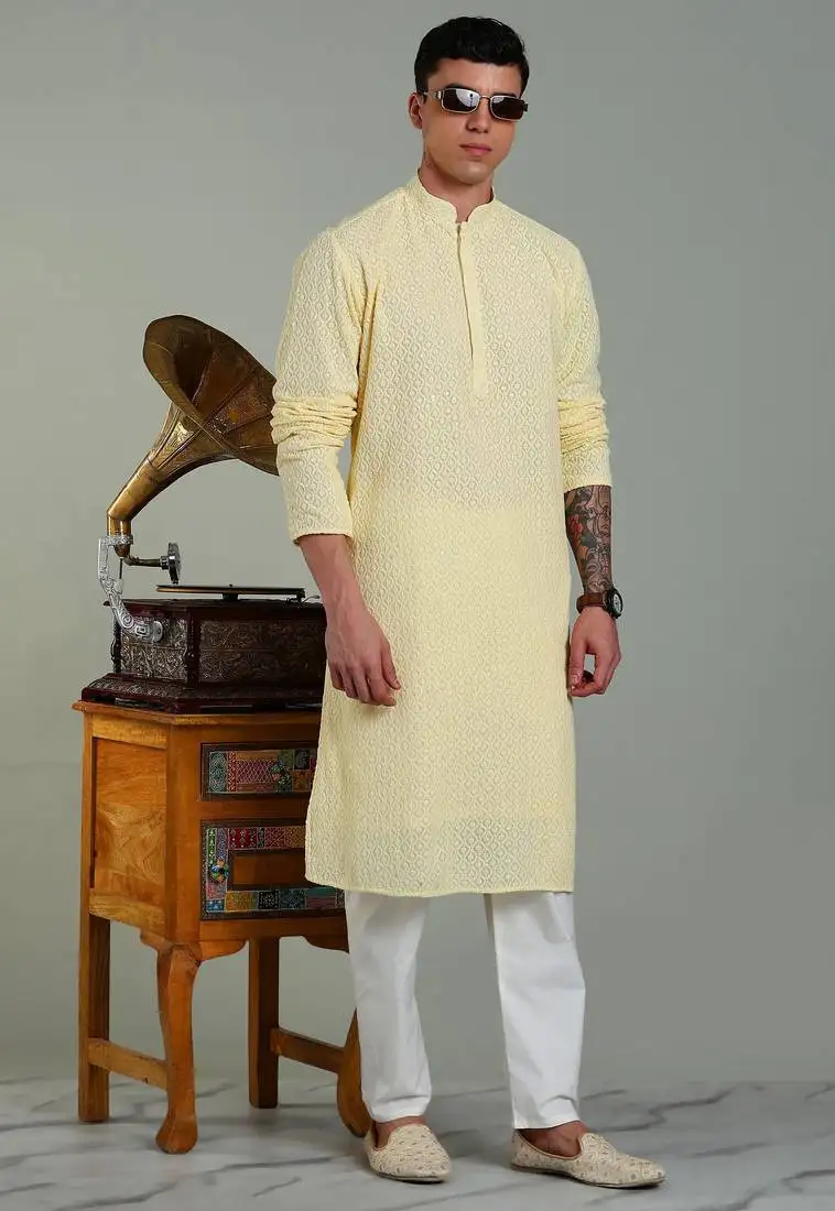Mens stylish georgette sequins embroidery kurta pyjama