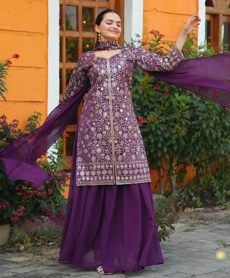 Wine color tapeta silk embroidery work suit set stitched