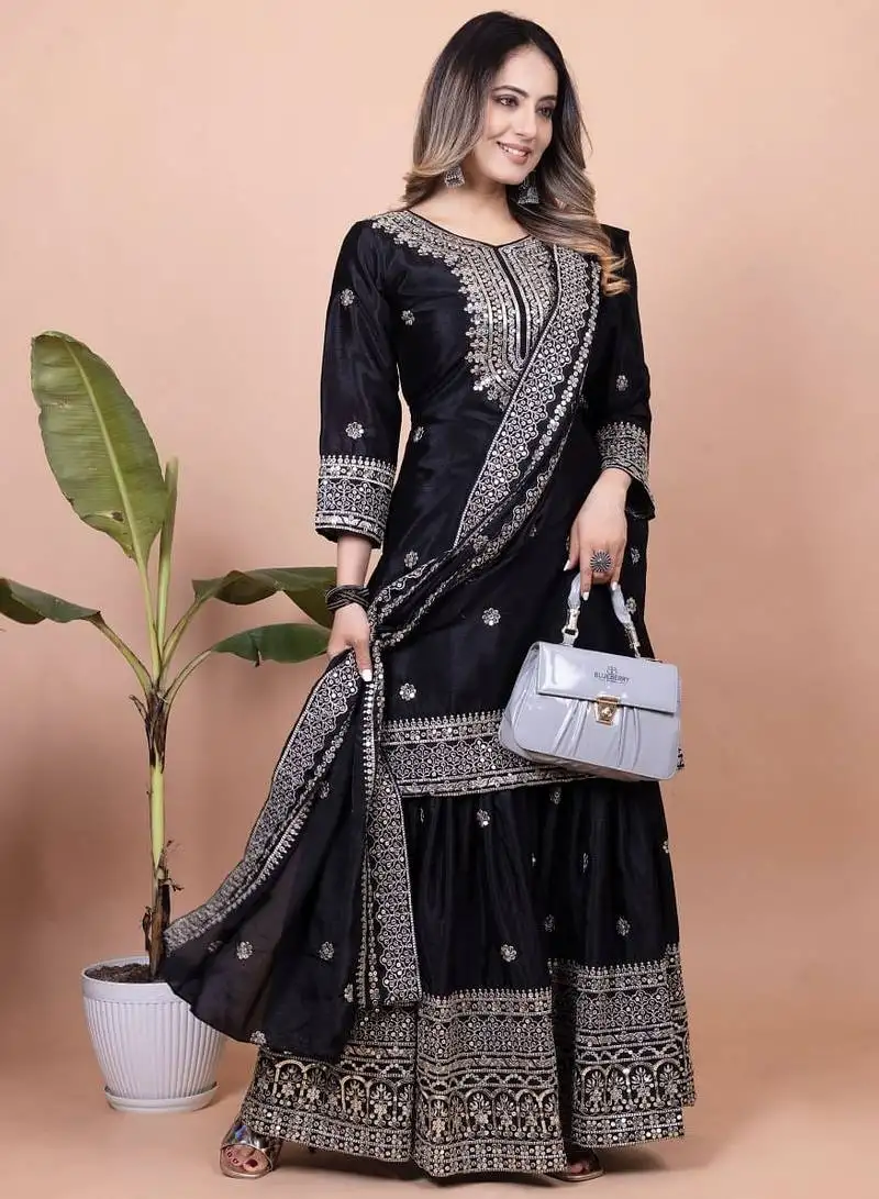Black color chinnon silk embroidery work suit set stitched