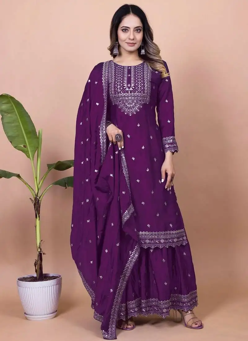 Wine color chinnon silk embroidery work suit set stitched