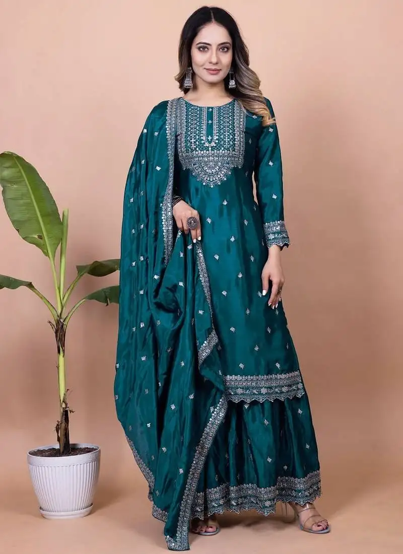 Morepich color chinnon silk embroidery work suit set stitched