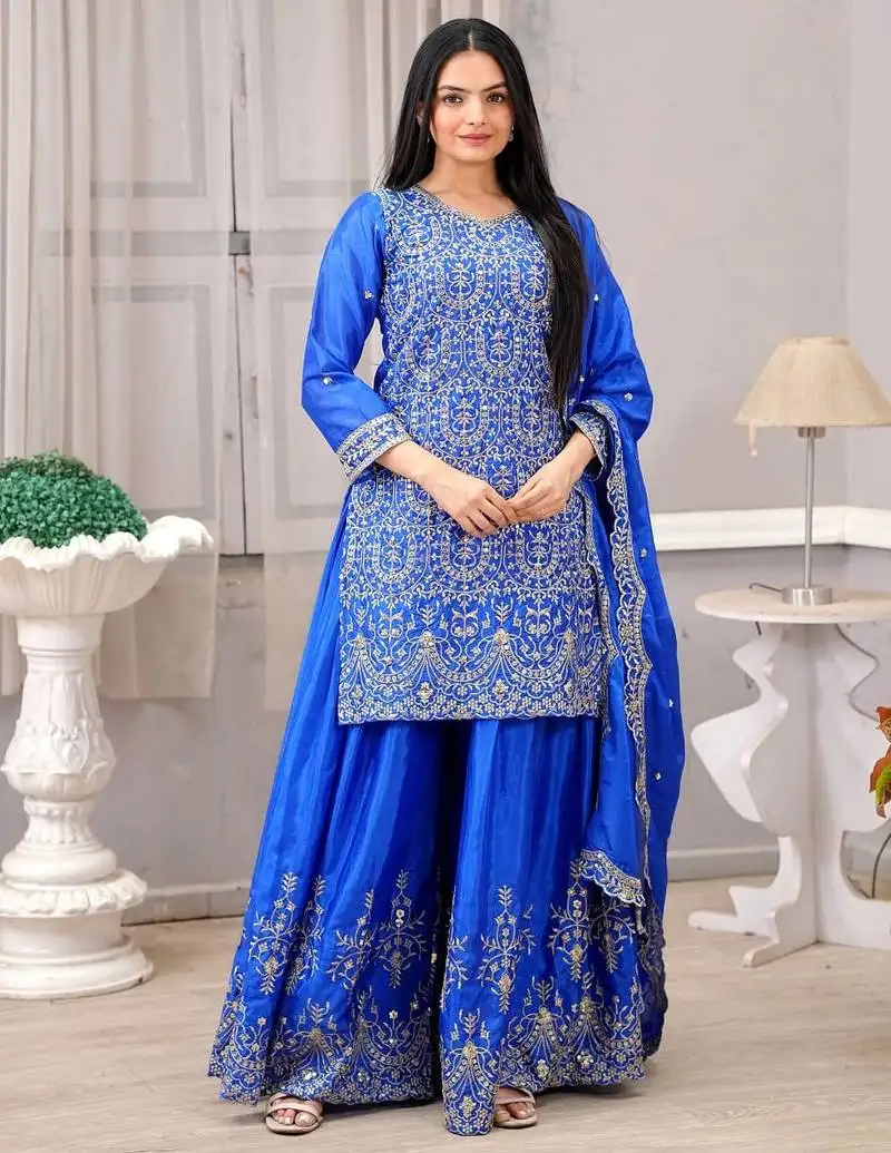 Blue color chinnon silk embroidery work suit set stitched