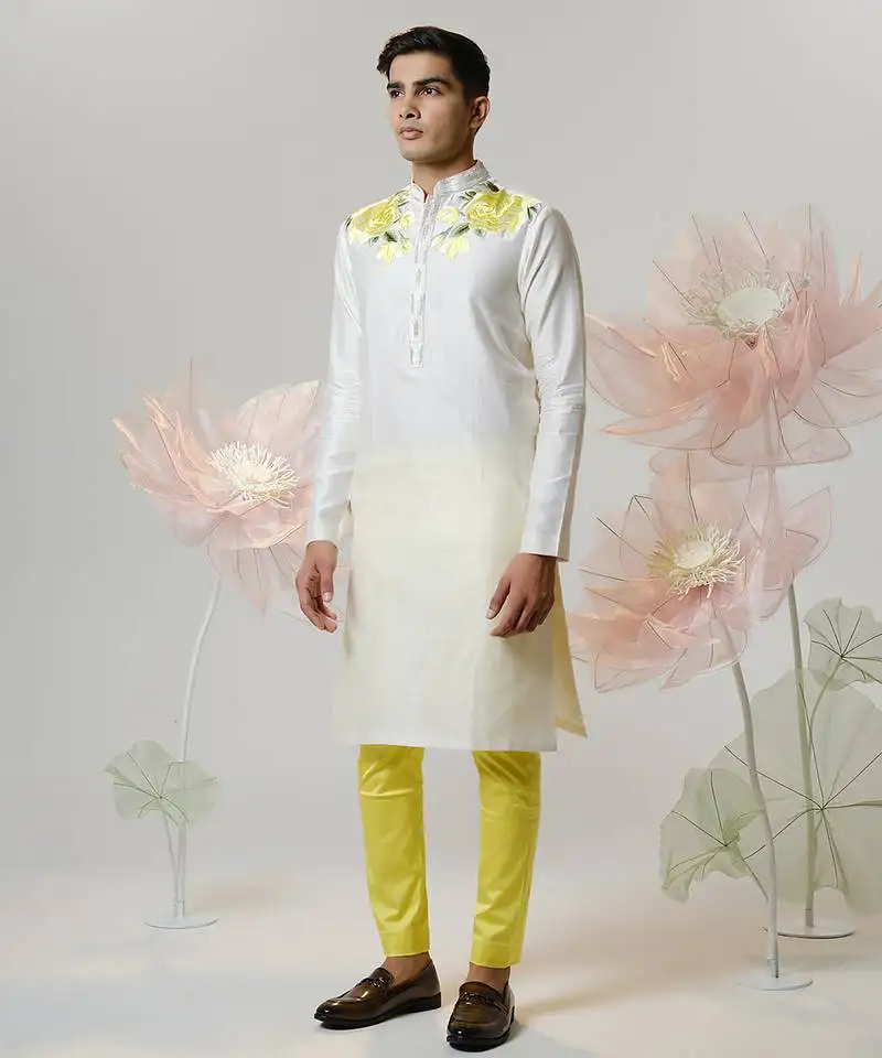 White woven cotton kurta pajama