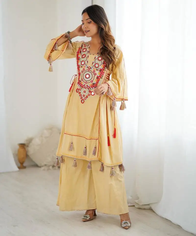 Cream color khadi cotton embroidery work navratri suit set stitched