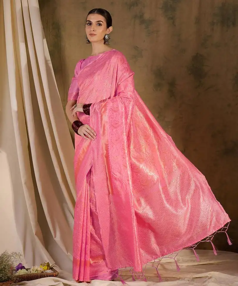 Charming baby pink banarasi silk saree with weaving details
