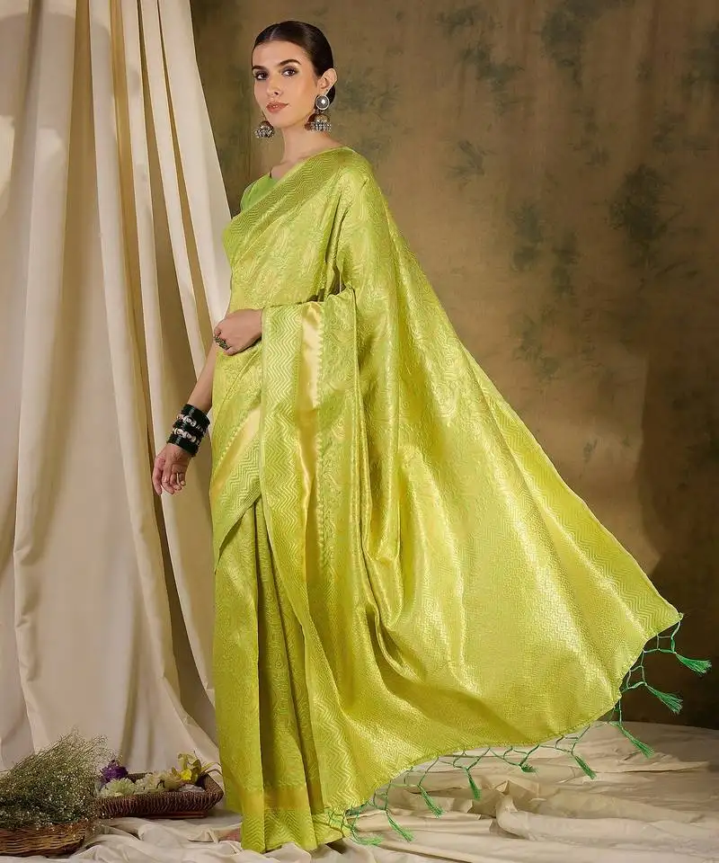 Refreshing pista green banarasi silk saree with weaving work
