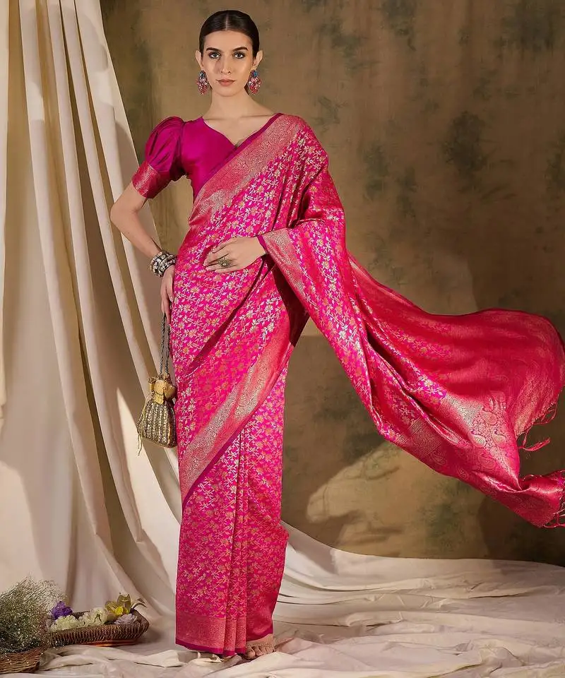 Radiant pink banarasi silk saree with weaving work