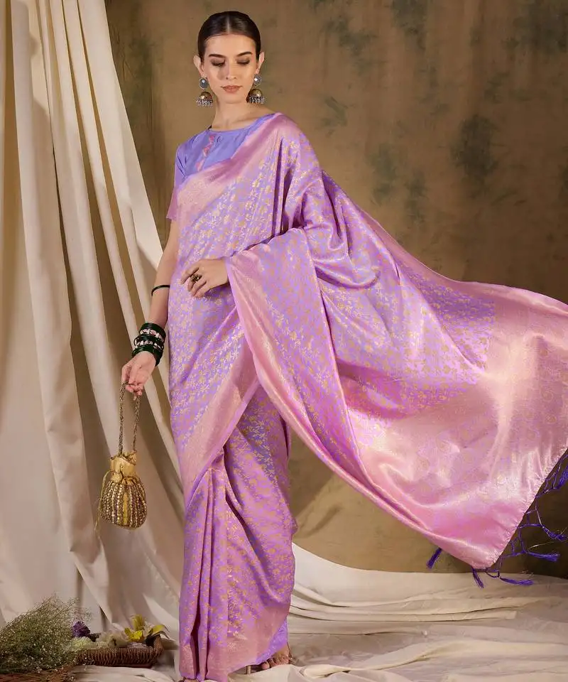 Lovely light violet banarasi silk saree with weaving work