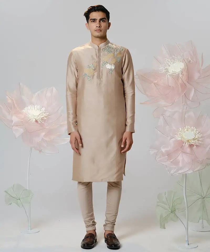 Beige woven cotton kurta pajama