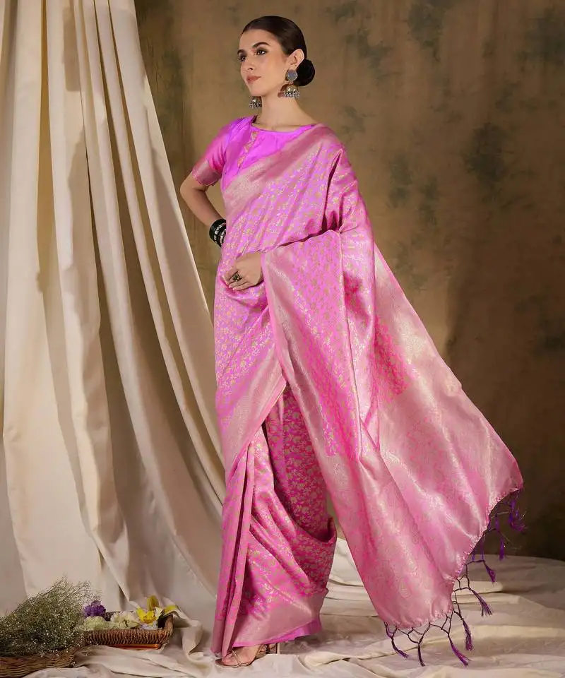 Feminine baby pink banarasi silk saree with weaving work