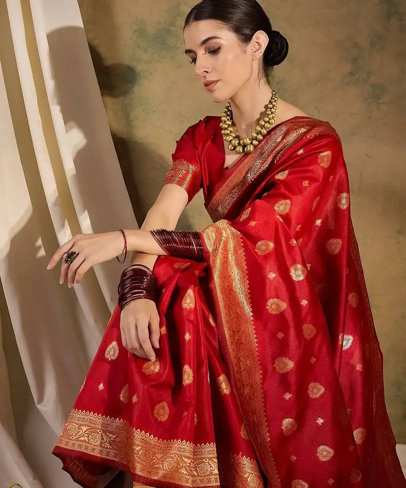 Bold red banarasi silk saree with weaving work