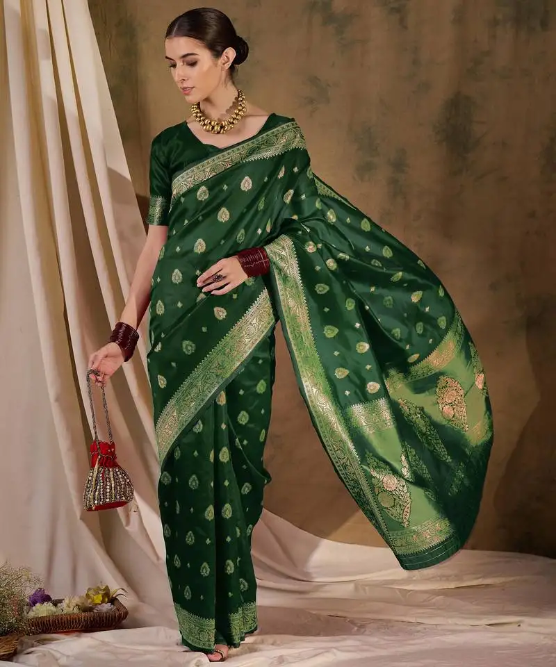Enchanting green banarasi silk saree with weaving work