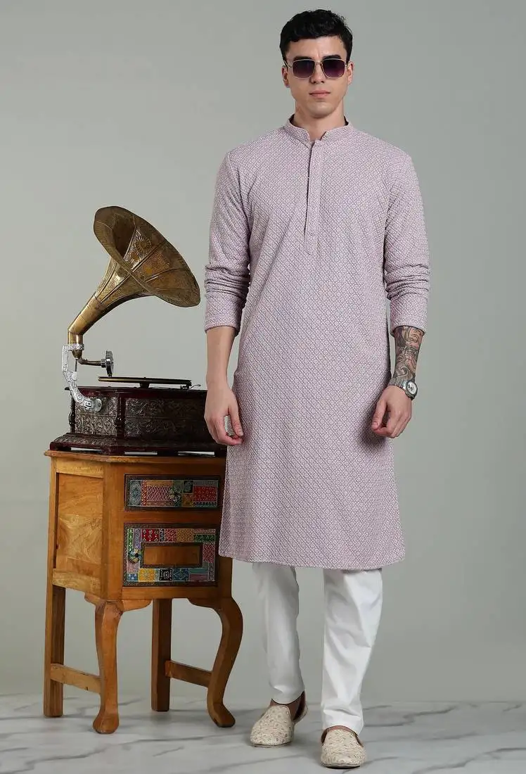 Lilac sylish men's rayon embroidery kurta pyjama