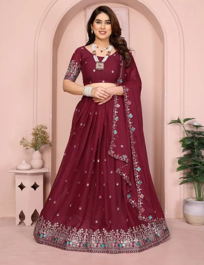 Colorful maroon sequins and dori embroidery work star georgette indian designer wedding lehenga choli dress