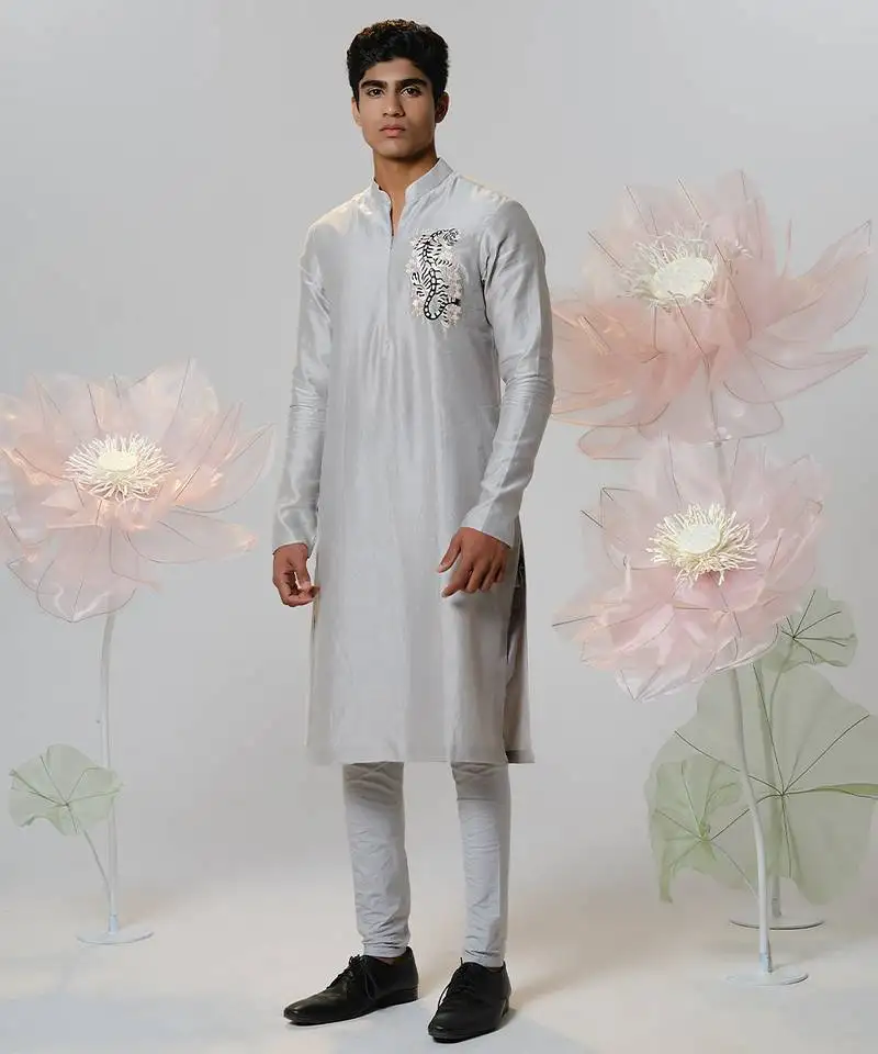 Grey woven cotton kurta pajama