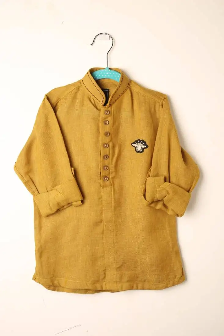 Yellow linen short kurta for boys