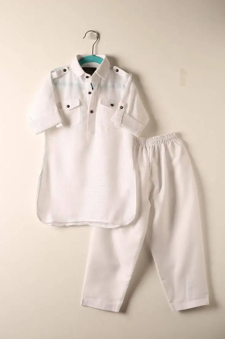 White woven pathani set for boys