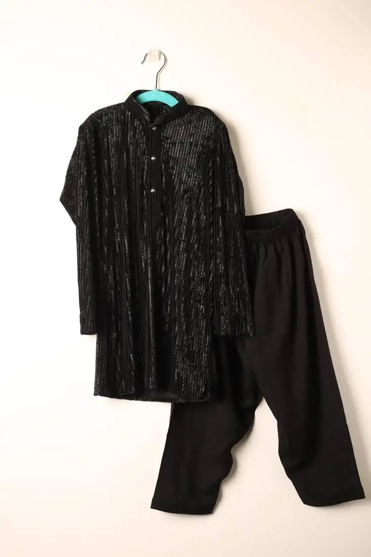 Black velvet kurta set for boys