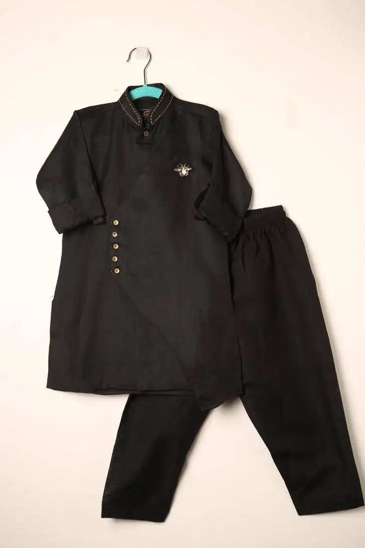 Black linen kurta set for boys