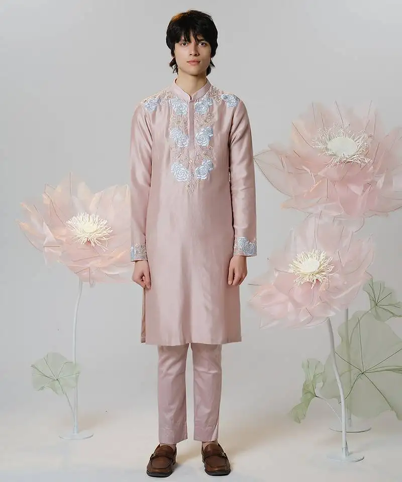 Pink woven cotton kurta pajama