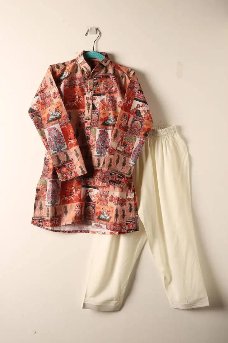 Orange printed polyster kurta set for boys