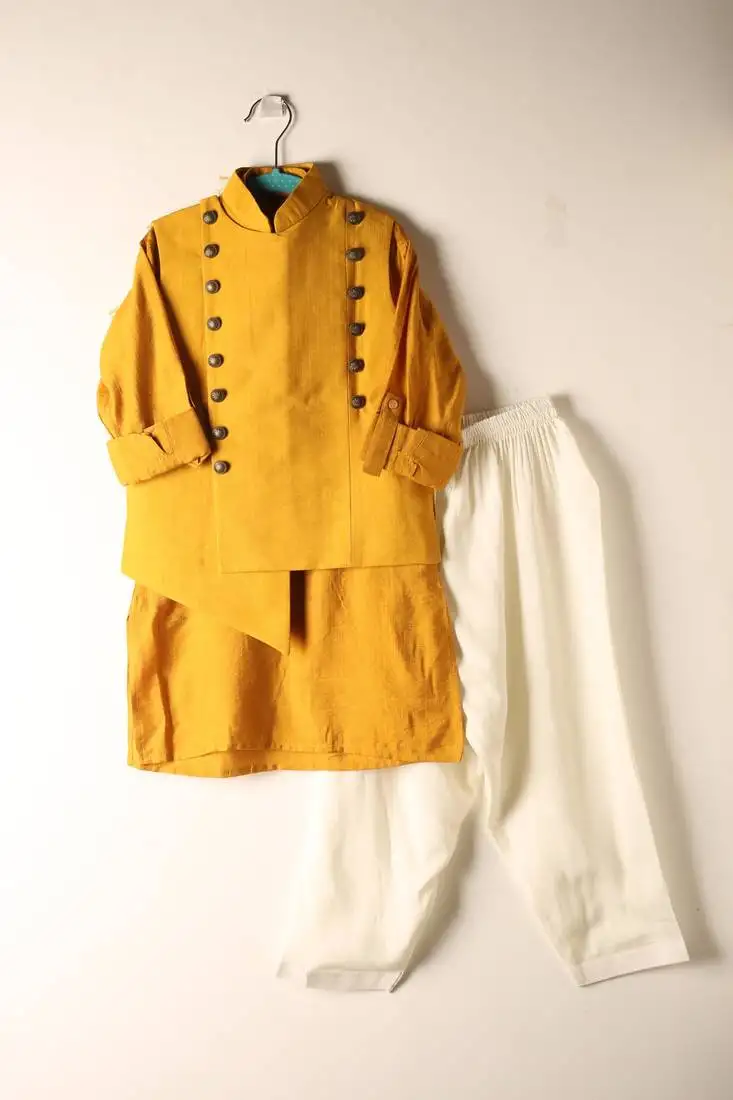 Yellow viscose kurta bandi set for boys
