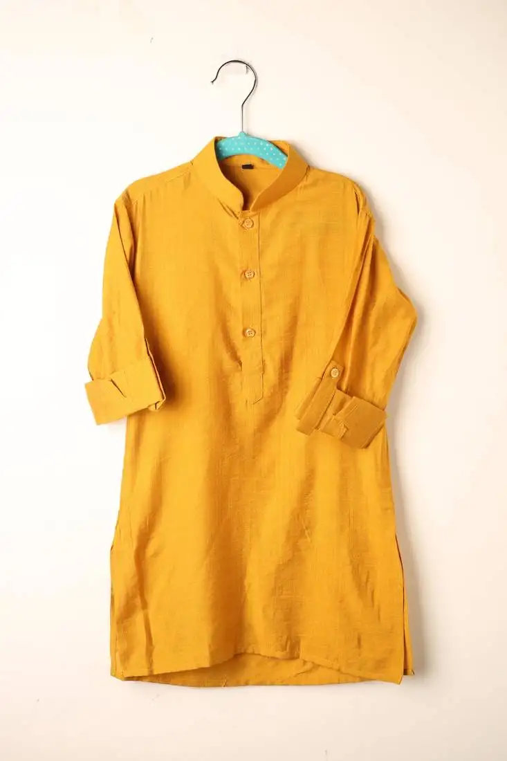 Yellow embroidered viscose kurta bandi set for boys