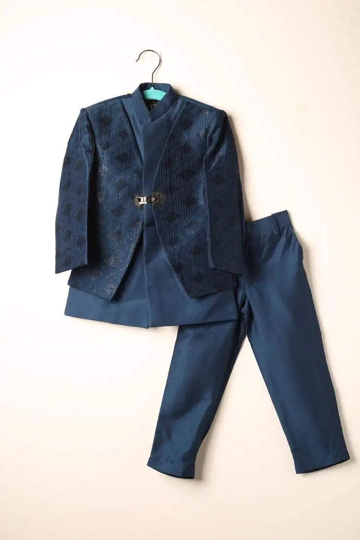 Blue embroidered indo western set for boys