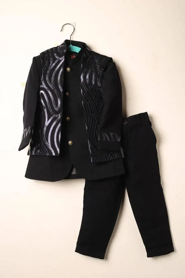 Black embroidered open jacket indo western set for boys