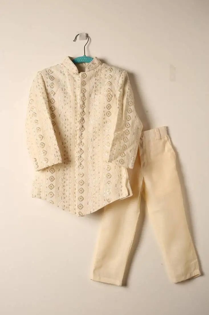 Cream embroidered indo western set for boys