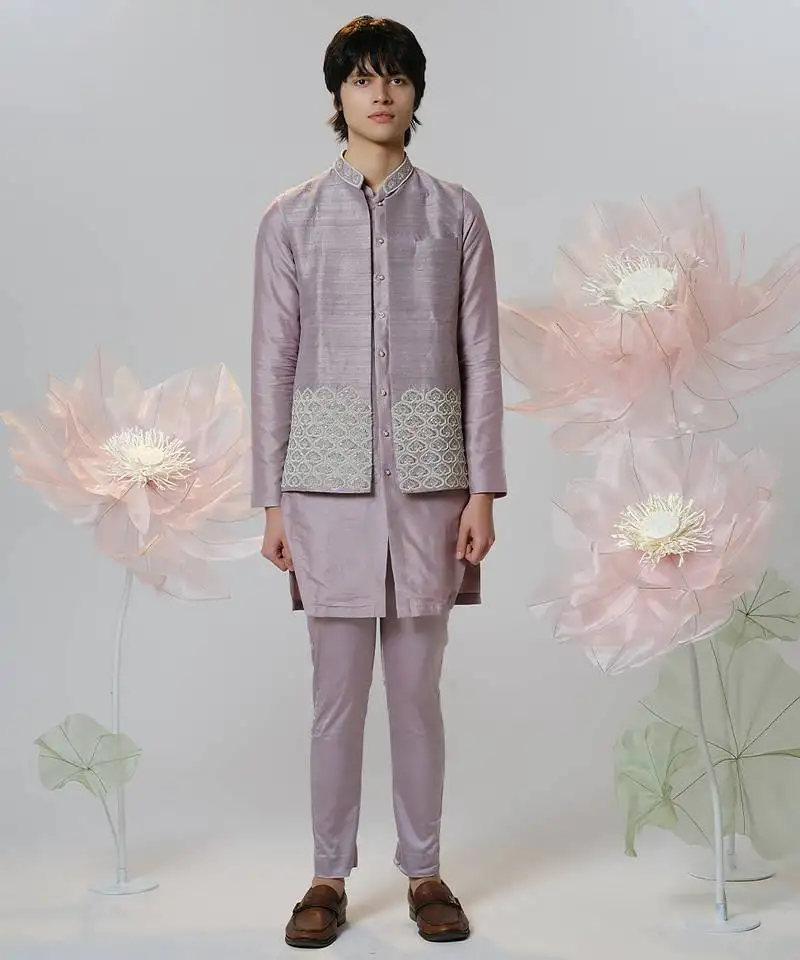 Grey woven cotton nehru jacket set