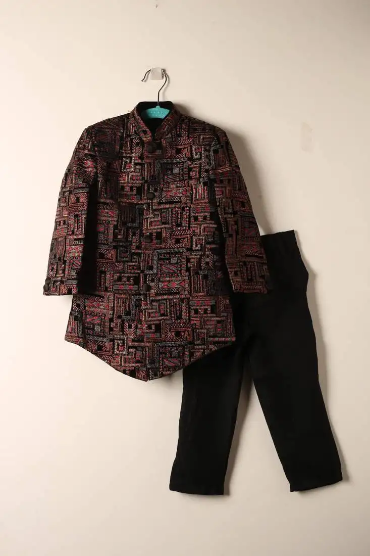 Multicolor embroidered velvet indo western set for boys