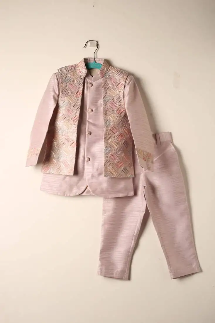 Pink embroidered open jacket indo western set for boys