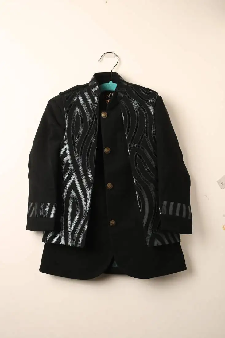 Green embroidered open jacket indo western set for boys