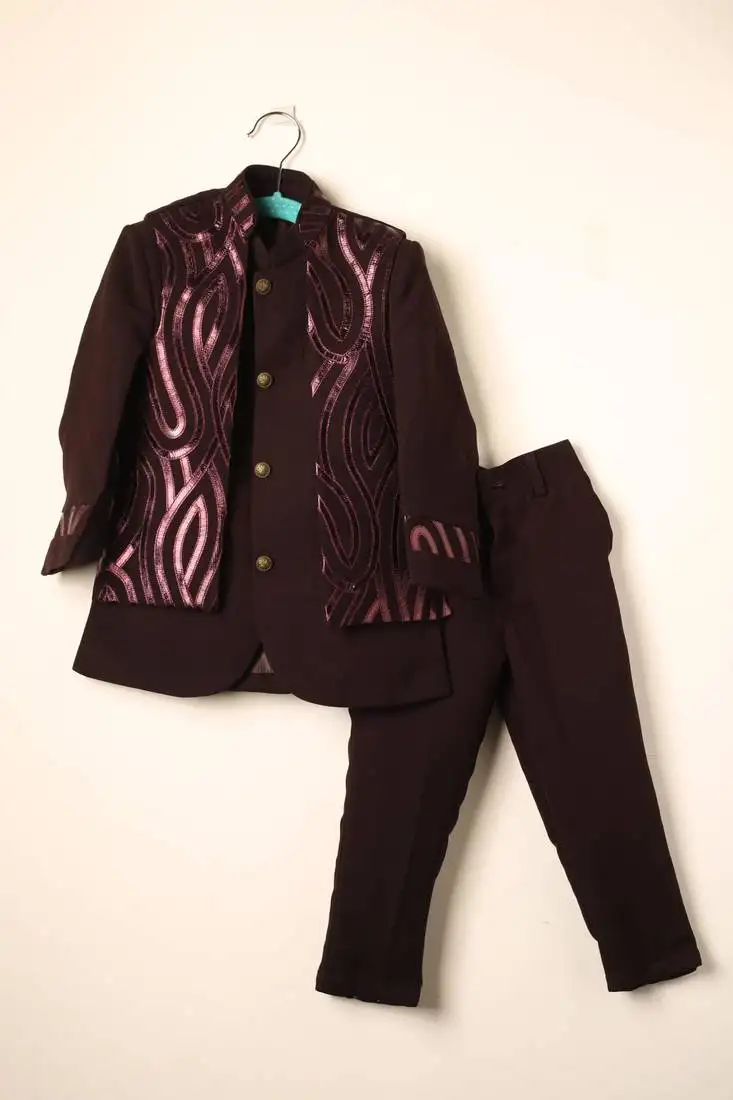 Maroon embroidered open jacket indo western set for boys