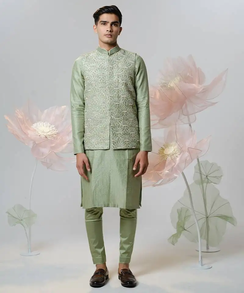 Green woven cotton nehru jacket set
