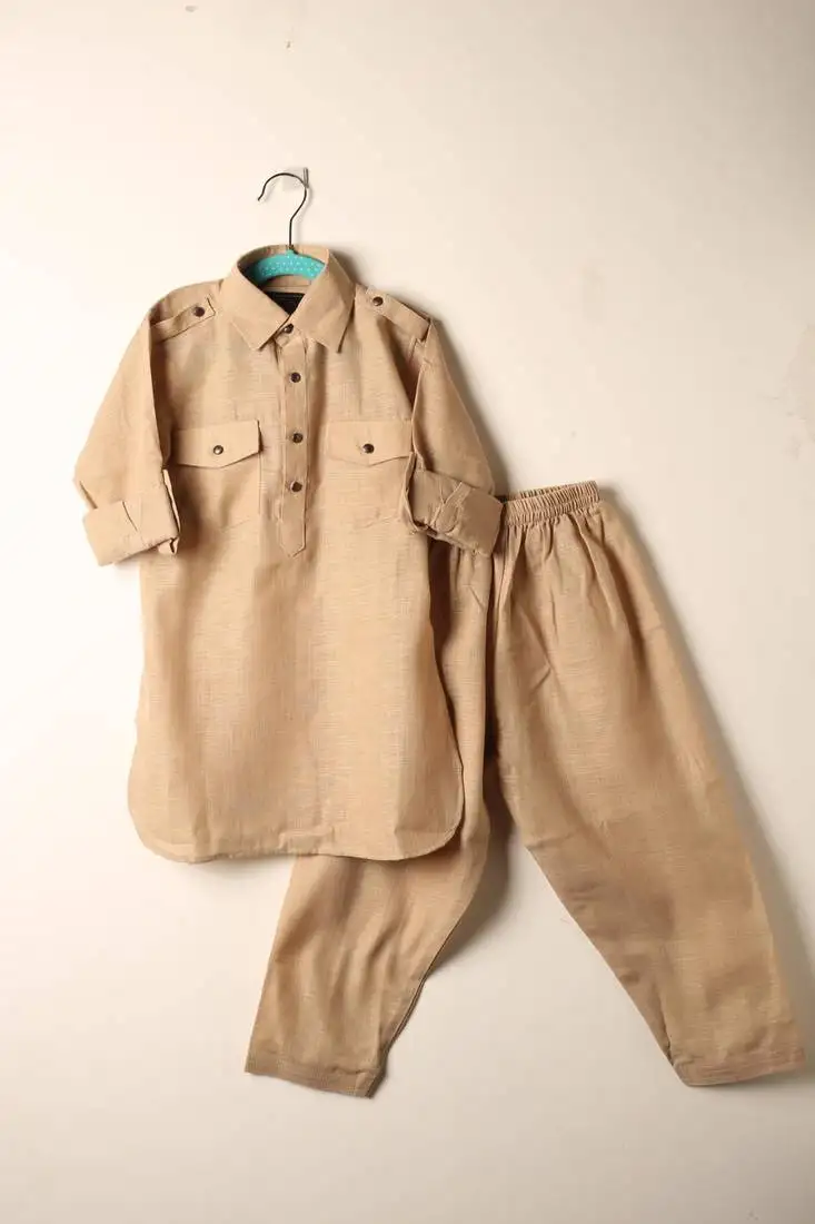 Fawn linen pathani set for boys