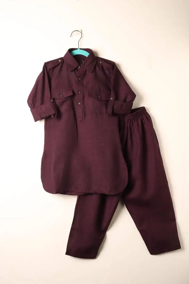 Maroon linen pathani set for boys