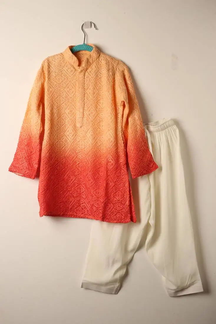 Orange chikankari kurta set for boys