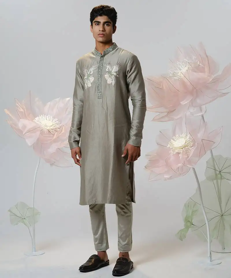 Green woven cotton kurta pajama