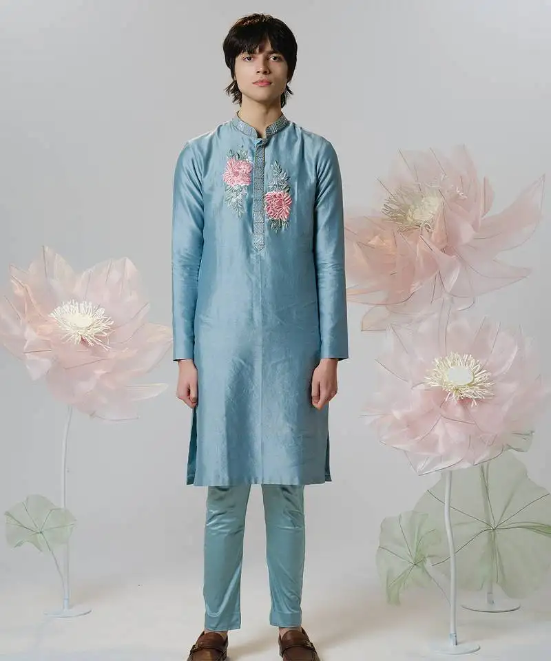 Blue woven cotton kurta pajama