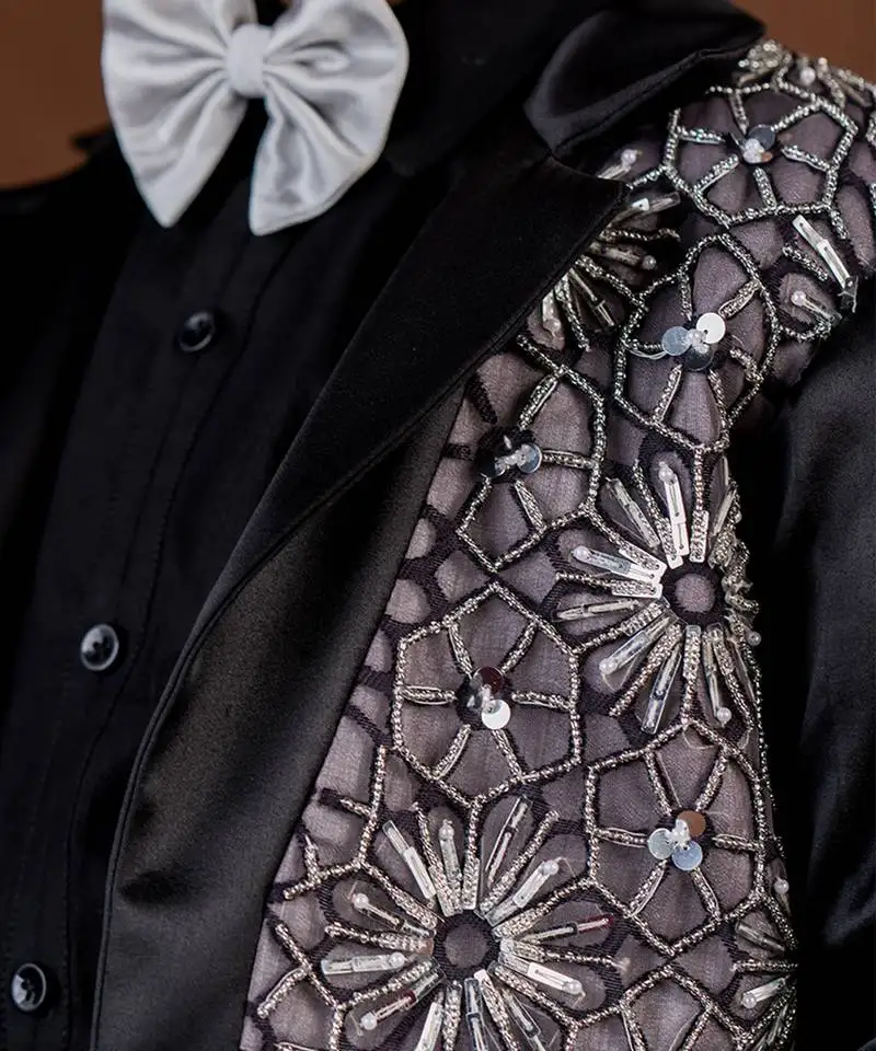 Black embroidered satin suit