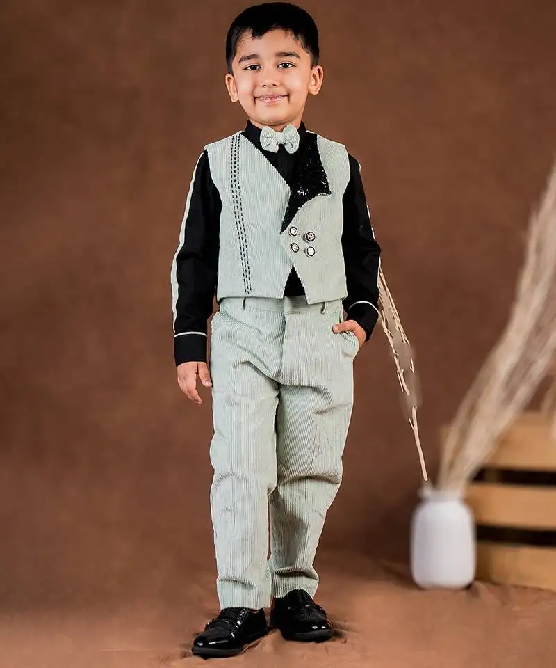 Green plain corduroy waist coat set