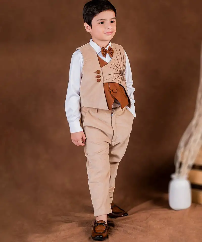 Beige plain corduroy waist coat set