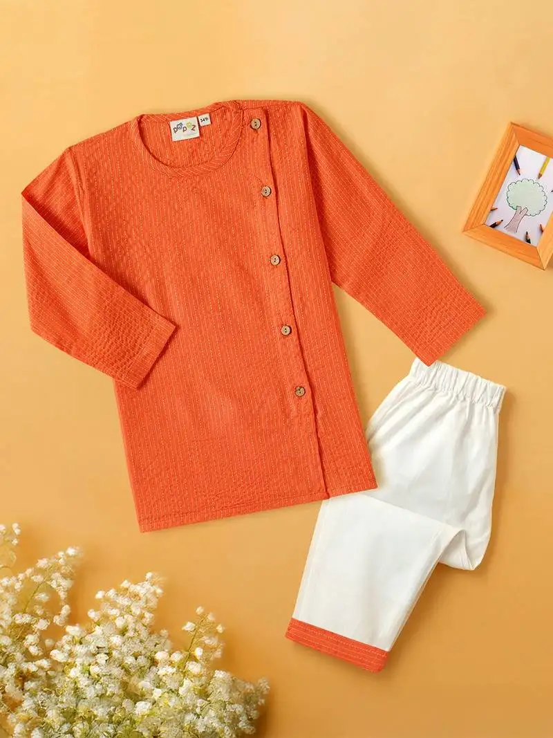 Boys orange side cut katha woven design cotton kurta pyjama set