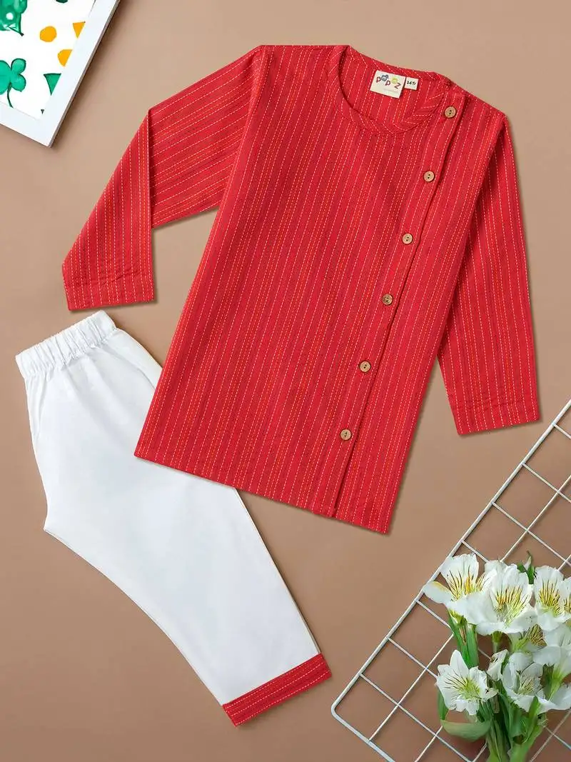 Boys red side cut katha woven design cotton kurta pyjama set