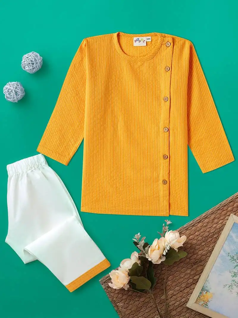 Boys yellow side cut katha woven design cotton kurta pyjama set