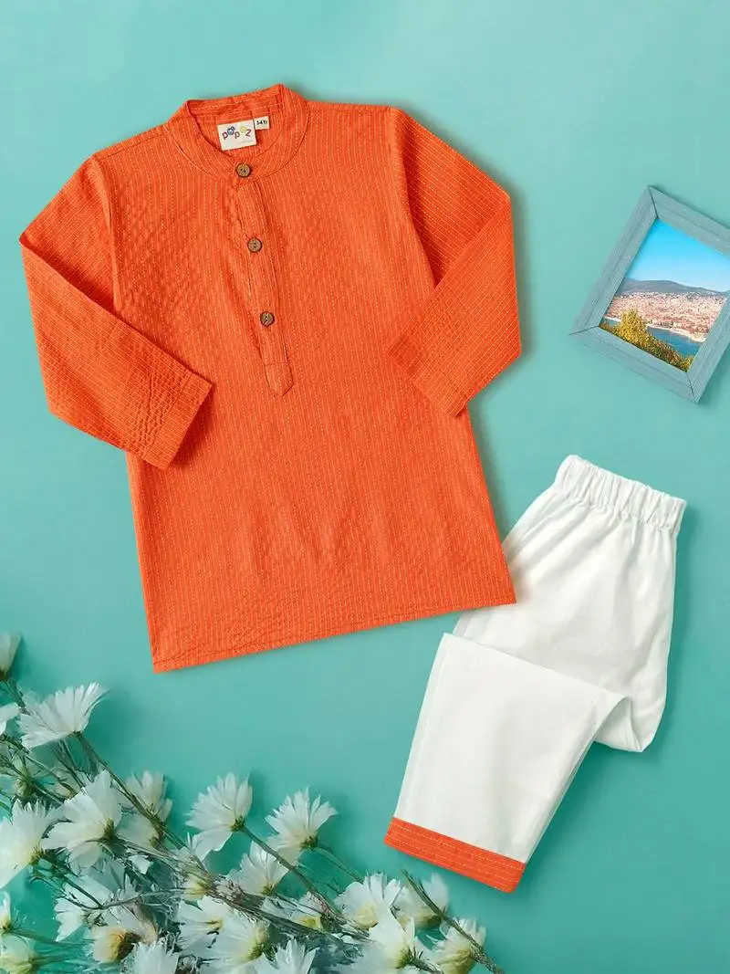 Boys orange middle cut katha woven design cotton kurta pyjama set