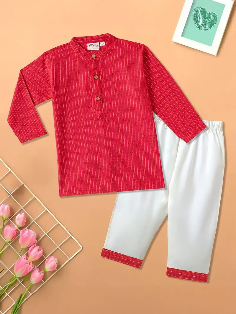 Boys red middle cut katha woven design cotton kurta pyjama set